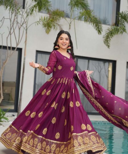 Women’s Ethnic Anarkali Style Floor-Length Gown in Magenta with Golden Zari Embroidery – Festive & Wedding Wear