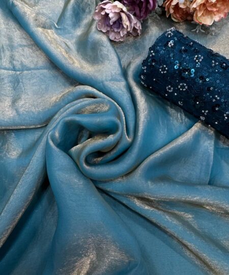 Women's Lustrous Teal Tissue Silk Saree with All-Over Sequin Embellished Blouse Piece