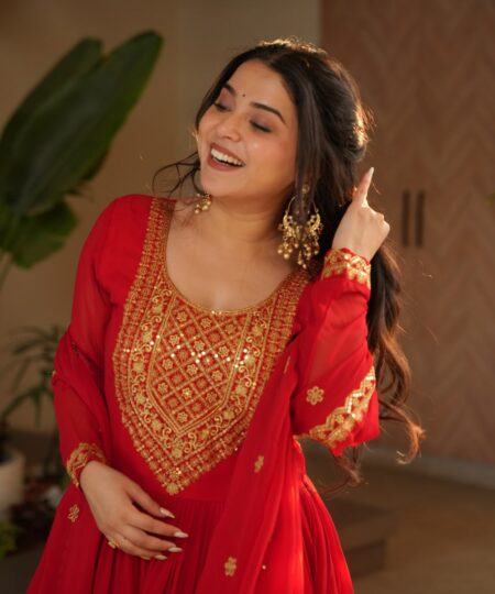 Women's Radiant Red Anarkali Suit Set with Golden Zari & Sequin Embroidery – Perfect for Festive & Wedding Occasions