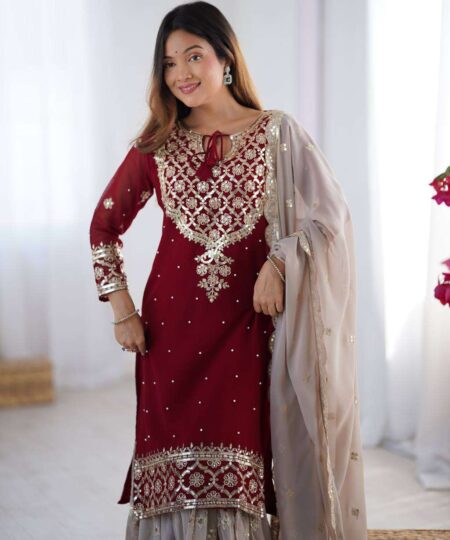 Women's Faux Georgette Sequins Embroidered Straight Kurta With Sharara Suit and Dupatta Set