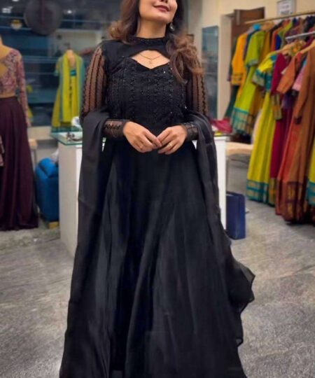 Women's Silk Heavy Embroidery Sequence Work Long Anarkali Kurti With Pant and Dupatta Set