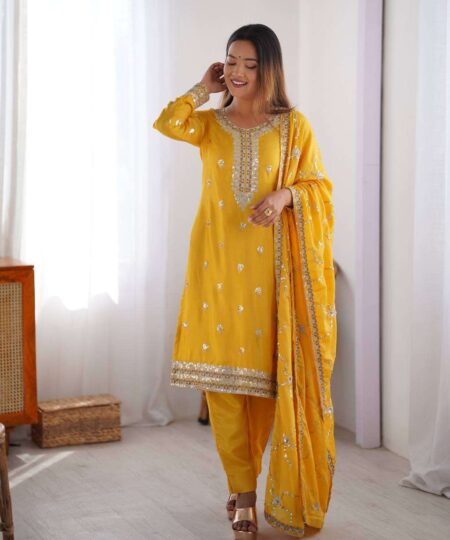 Women's Chinon Silk Embroidered Straight Kurti with Pant And Dupatta Set