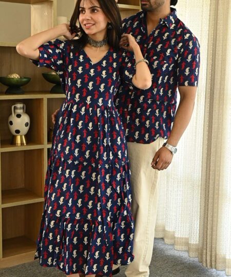 Couple Matching Navy Blue Cotton Anarkali Midi Dress and Shirt Set ? Red & White Abstract Print