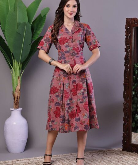 Women's Pink Floral Cotton Pleated Midi Dress with Collar