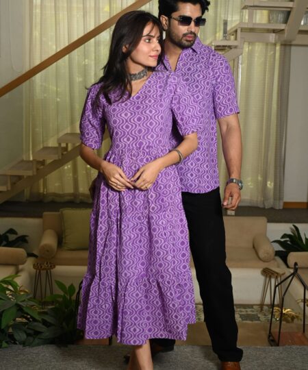 Couple Matching Purple Cotton Anarkali Midi Dress and Shirt Set ? Geometric Wave Print