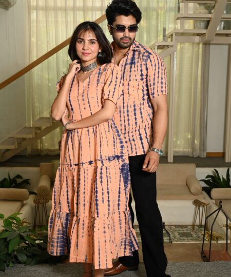 Couple Matching Peach Printed Cotton Anarkali Midi Dress & Shirt Set ? Summer Casual Wear