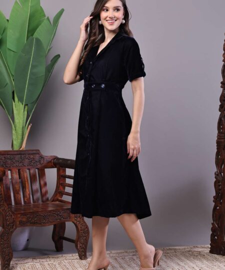 Women's Black Velvet Solid Printed Shirt Midi Dress with Belt