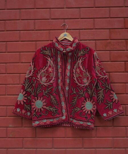 Womens Red Velvet Embroidered Jacket with Floral Design