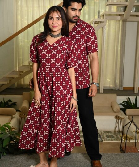 Couple Matching Maroon Cotton Anarkali Midi Dress and Shirt Set ? White Floral Print