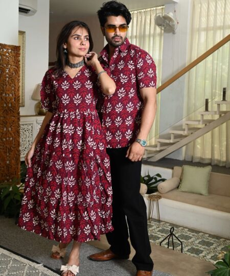 Couple Matching Maroon Cotton Printed Anarkali Midi Dress & Shirt Set ? Casual & Festive Wear